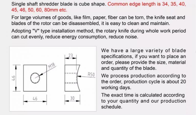 Plastic Crusher Stator Blades/Industrial Plastic Crusher Blades/40*40mm Single Shaft Shredder Blade Raised Center Square Rotor Knife