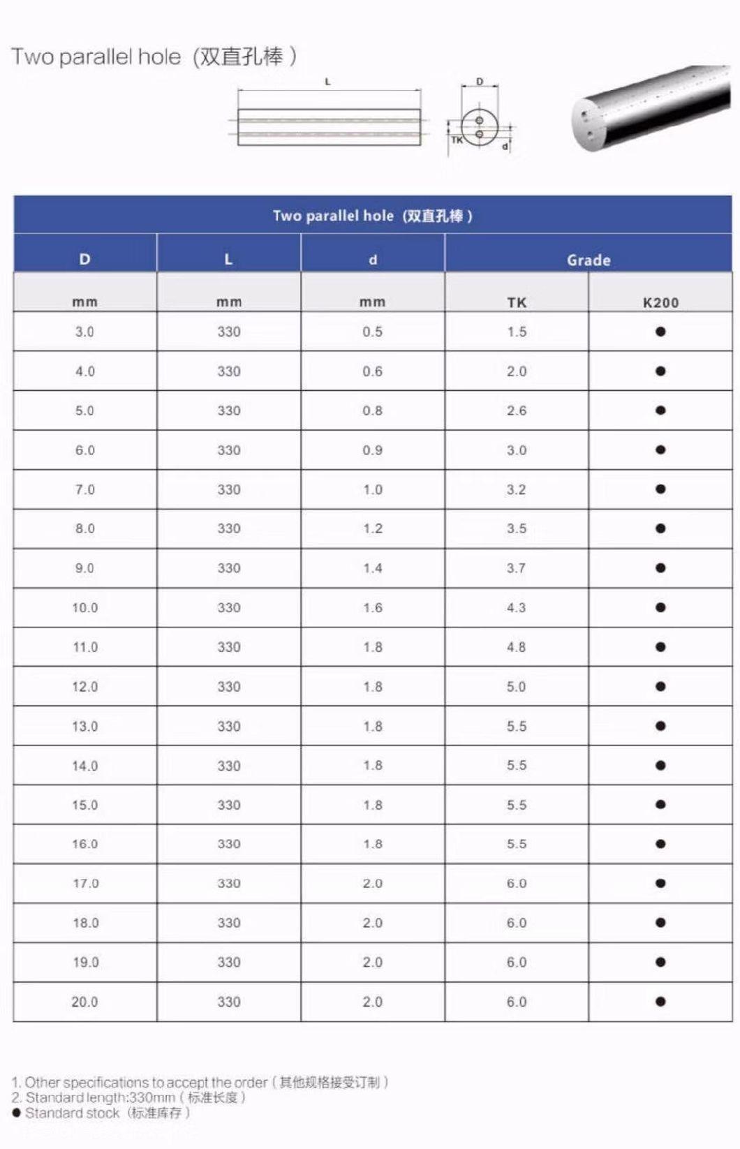 High Quality 100% Raw Material Tungsten Carbide Two Holes Striaght Rod Grinded H5 H6