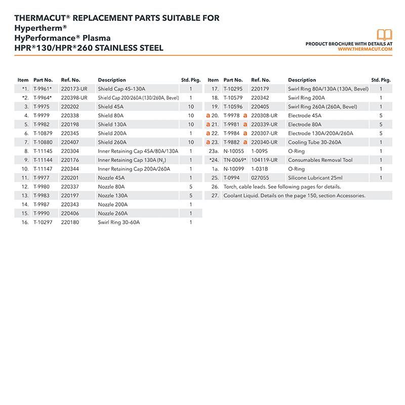 Electrode 2220192 30A 220552 50A 220187 80A 220181 130A Hpr130xd Hpr260A Machine Plasma Cutting