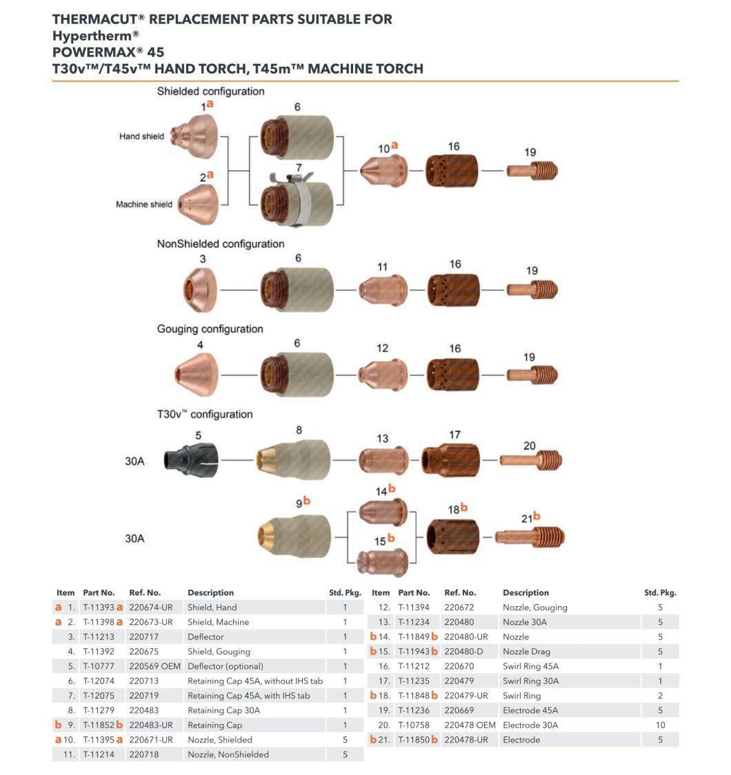 Plasma Cutting Machine Consumables Powermax45XP/65/85/105 Electrode Nozzle Shield Vortex Ring 220818 220941