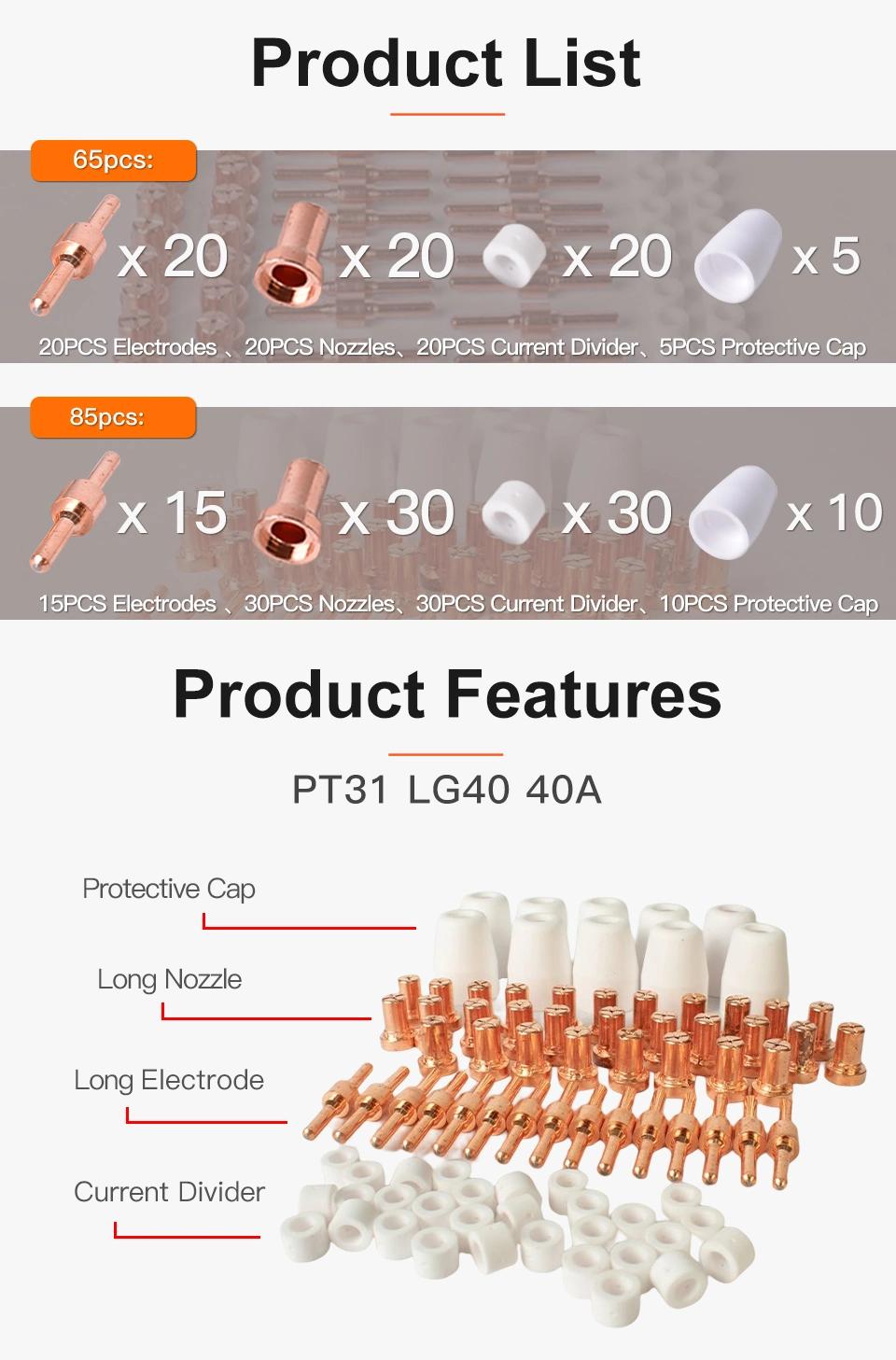 Startnow 65PCS/Lot PT-31 Plasma Consumables Kits LG40 Plasma Nozzle Shield Long Electrodes Shunt Plasma Torch 85PCS