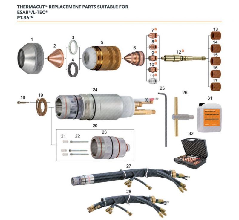 Replacement Parts Suitable Fop Esab L-Tec PT-19xls Electrode 100A-450A 0558012000 Plasma Oxygen Cutting