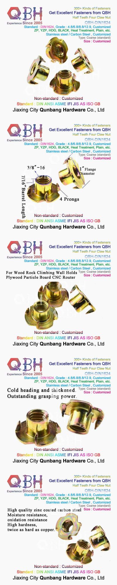 Qbh DIN1624 Thread Insert Carbon Steel Stainless Steel CNC Router Machinery Machine Machining Parts OEM ODM Customized T Weld Nut