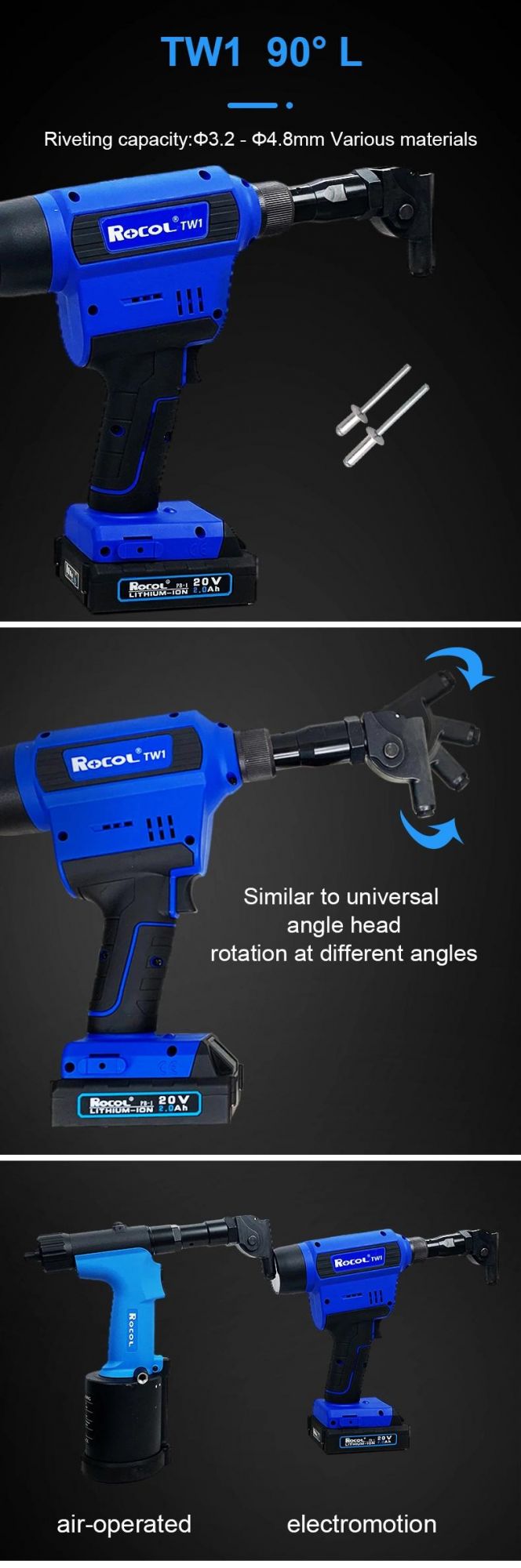 L Head Working Stroke 17mm Battery Hand Riveter