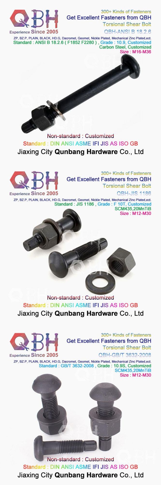 Qbh Nickle Plated Plain Black HDG Steel Structure Torsional Shear Tension Control Tc Bolt Nut Washer Bridge Splice Plate Replacement Spare Accessories