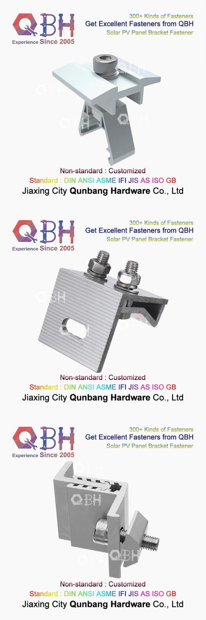 Qbh Customized General-Purpose PV Photovoltaic Bracket Tin Roof Aluminum Alloy Solar Bracket Fastener and Stamping Stainless Steel Spare Part