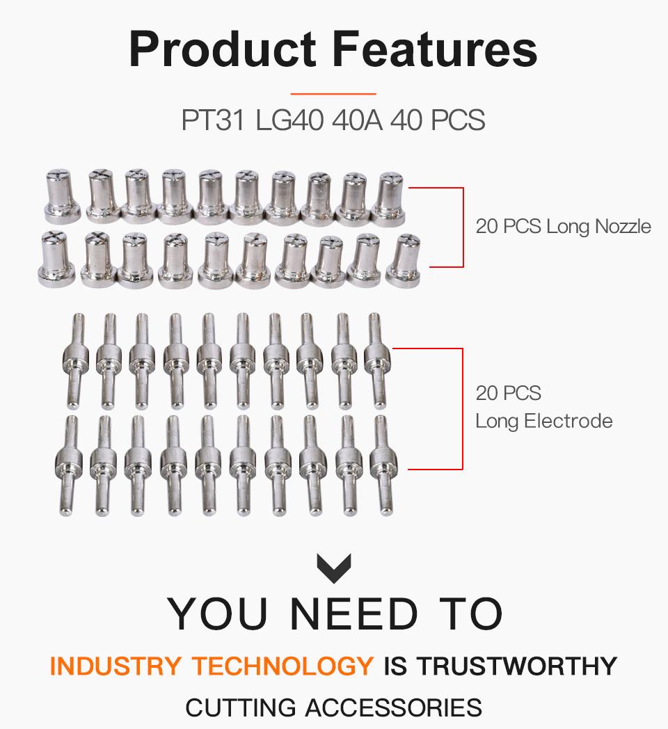 Startnow 40PCS/Lot PT-31 Plasma Nozzle Electrode for LG-40 Plasma Cutter Guide Kits Extended Toch Tips Plasma Welding Machine Parts